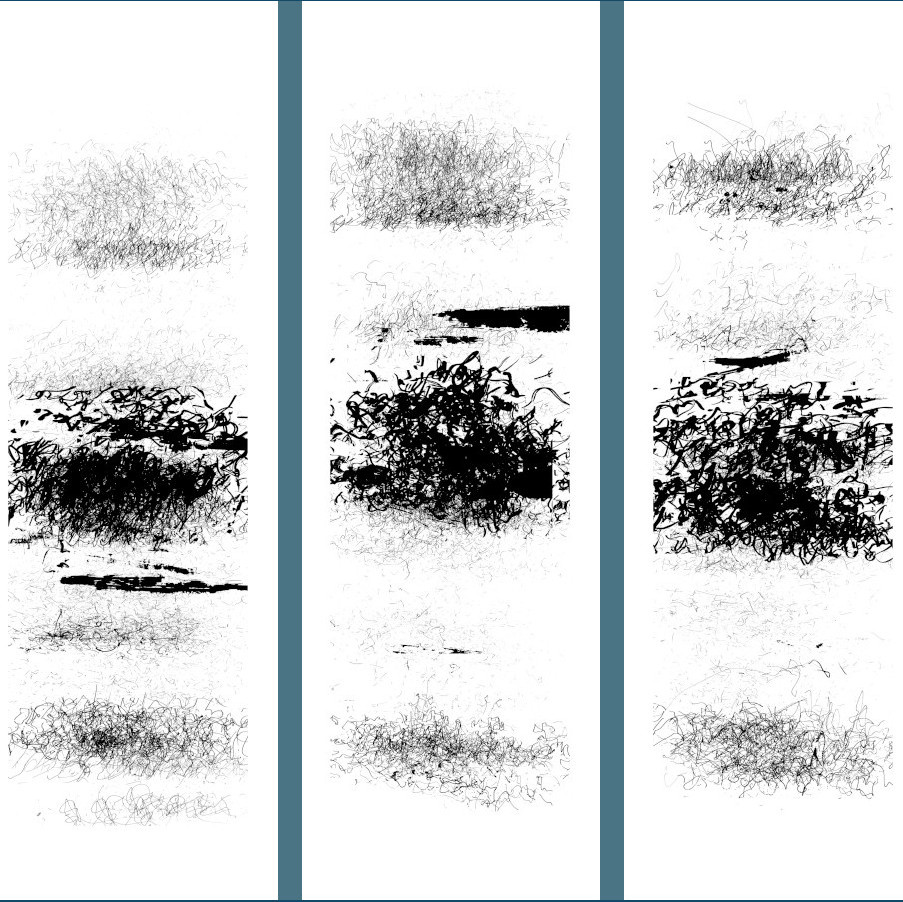 Three walking drawings installed in a gallery